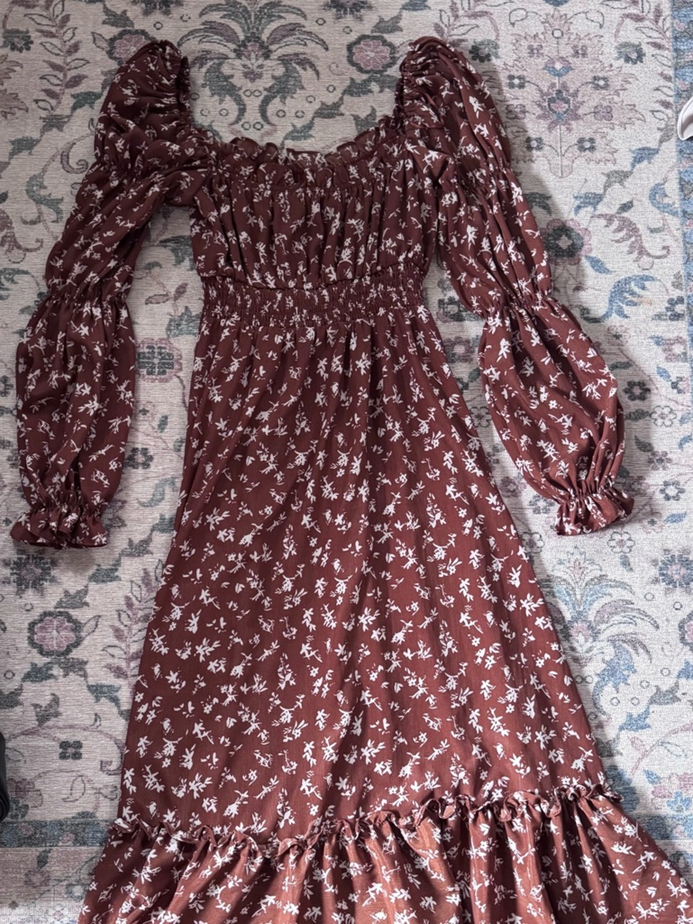 Astr Brown Floral Maxi Dress with Puff Sleeves - Picture 2 of 2